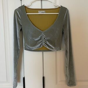 Urban Outfitters Velvet Long Sleeve Light Blue-Grey Cropped Shirt